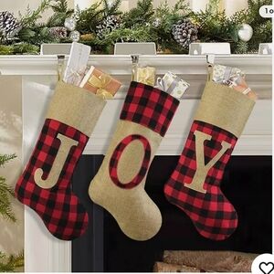Christmas Stockings, 3 Pcs 19 inches Red and Black Buffalo Check Plaid Faux Burl